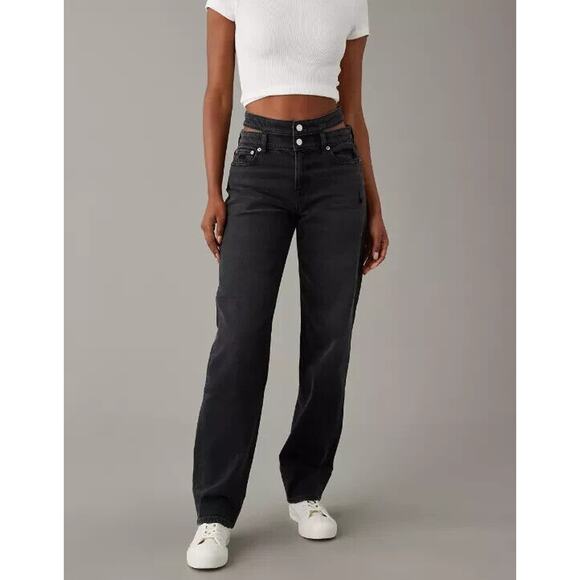American Eagle Outfitters Denim - NWT American Eagle Super High Waisted Baggy Straight Cut Out Jean Black Marl 14